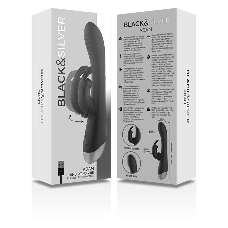 BLACK&SILVER - DJ. ADAM OPLAADBARE SILICONEN KONIJN STIMULATOR ZWART
