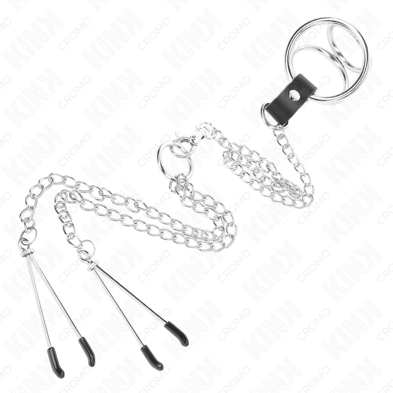 KINK - DRIEVOUDIGE CHROOM METALEN PENISRING 3 CM TOT 4,5 CM MET EEN METALEN KETTING VAN 26 CM EN NIPPELKLEMMEPJES