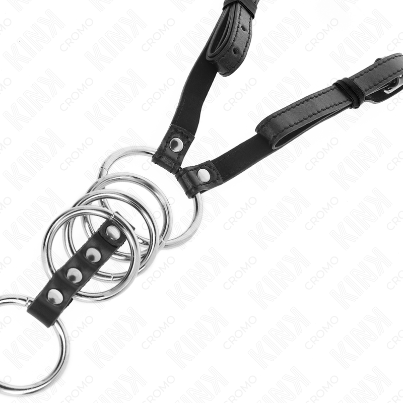 KINK - 5 PIEMELRINGEN 3,8 CM TOT 5 CM METAAL MET LEREN RIEM 112 CM