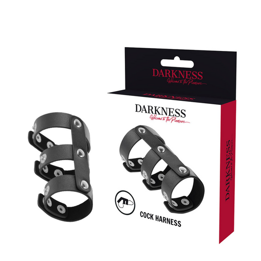 DARKNESS - VERSTELBARE LEREN DUBBELE PENIS- EN TEELBALRING
