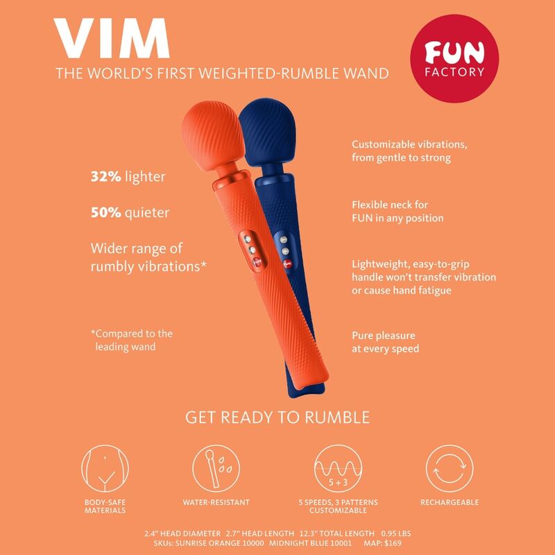 FUN FACTORY - VIM WAND RUMBLE OPLAADBARE SILICONEN VIBRATOR MIDDERNACHTBLAUW