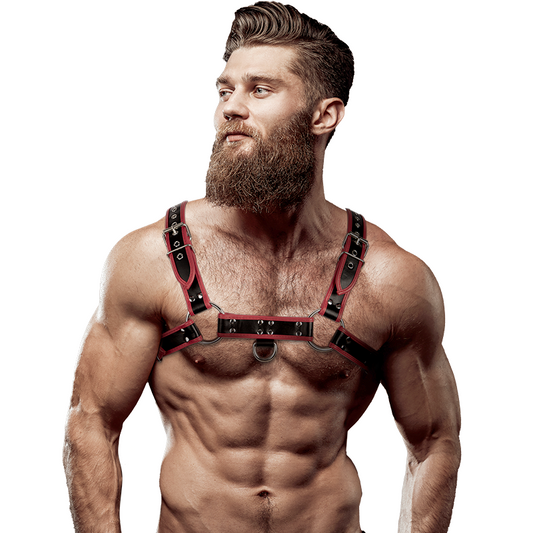 FETISH SUBMISSIVE HOUDING - HEREN ECO-LEDEREN BORSTHARNAS ZWART/ROOD