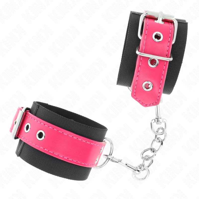 KINK - NYLON POLSBANDJES ZWART MET KUNSTLEDEREN RIEM FRAMBOZEN ROZE VERSTELBAAR 19-29 CM X 5.1 CM