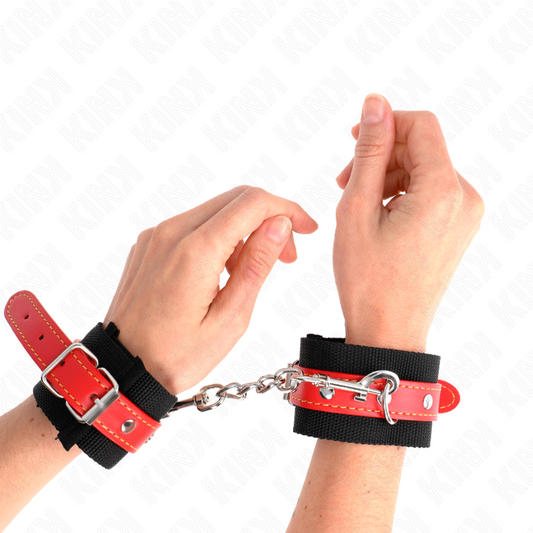 KINK - NYLON POLSBANDEN ZWART MET KUNSTLEDER ROOD VERSTELBAAR 19-24 CM X 5.5 CM