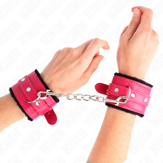 KINK - PREMIUM MET BONT GEVOERDE POLSBANDEN ZWART MET FRAMBOZENROZE RIEM VERSTELBAAR 17-29 CM X 6 CM