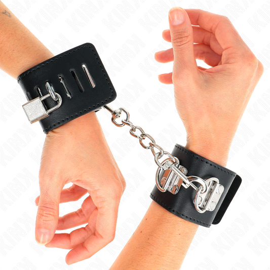 KINK - MULTIPOSITIE POLSBILJES MET HANGSLOT ZWART VERSTELBAAR 16-23 CM X 5.5 CM