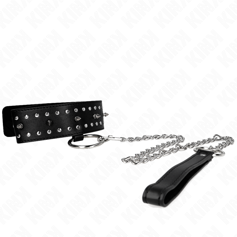 KINK - HALSBAND MET RIEM 65 CM MET ZILVEREN STUDS MODEL 1 VERSTELBAAR 36-43 CM X 5 CM