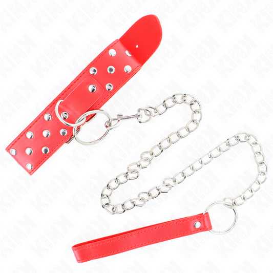 KINK - RING RIVET BANDKETTING MET RIEM 65 CM ROOD VERSTELBAAR 36-50 CM X 3,8 CM
