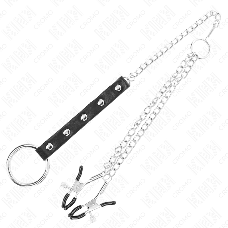 KINK - METALEN PENISRING MET KETTING EN VERSTELBARE NIPPELKLEMMEN