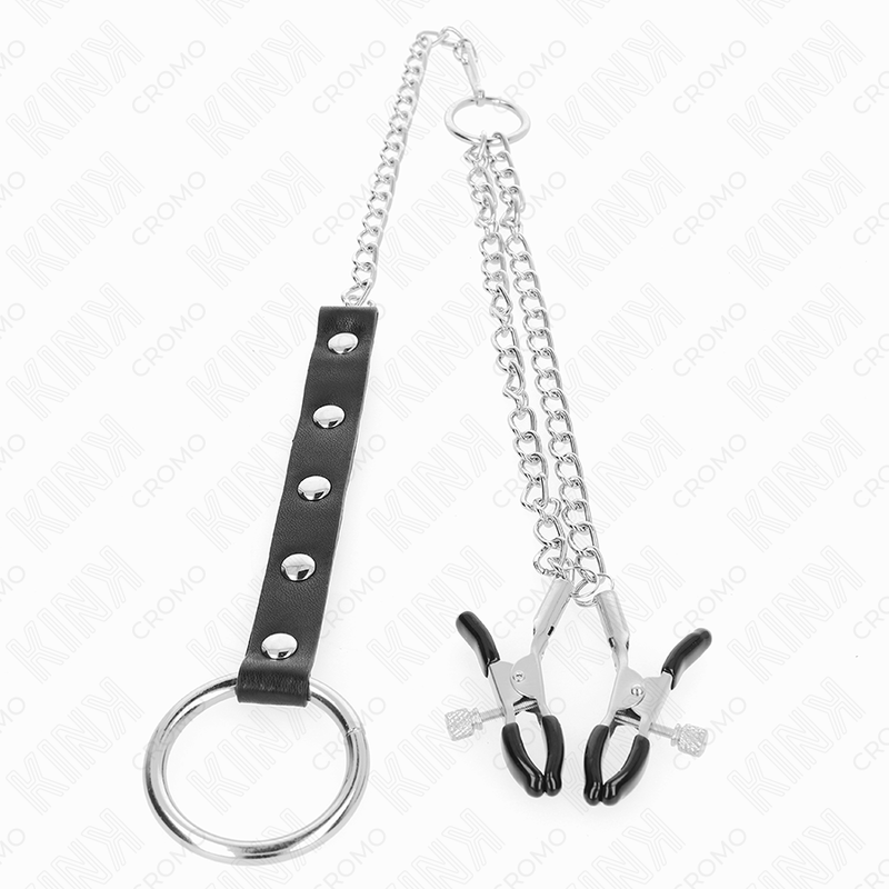 KINK - METALEN PENISRING MET KETTING EN VERSTELBARE NIPPELKLEMMEN