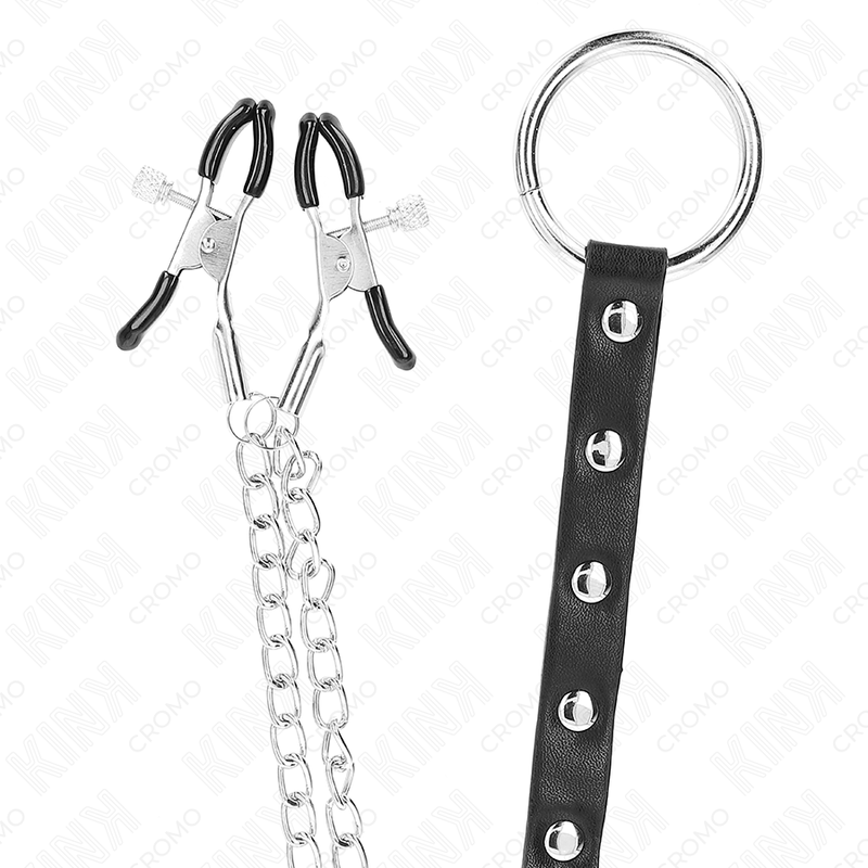 KINK - METALEN PENISRING MET KETTING EN VERSTELBARE NIPPELKLEMMEN