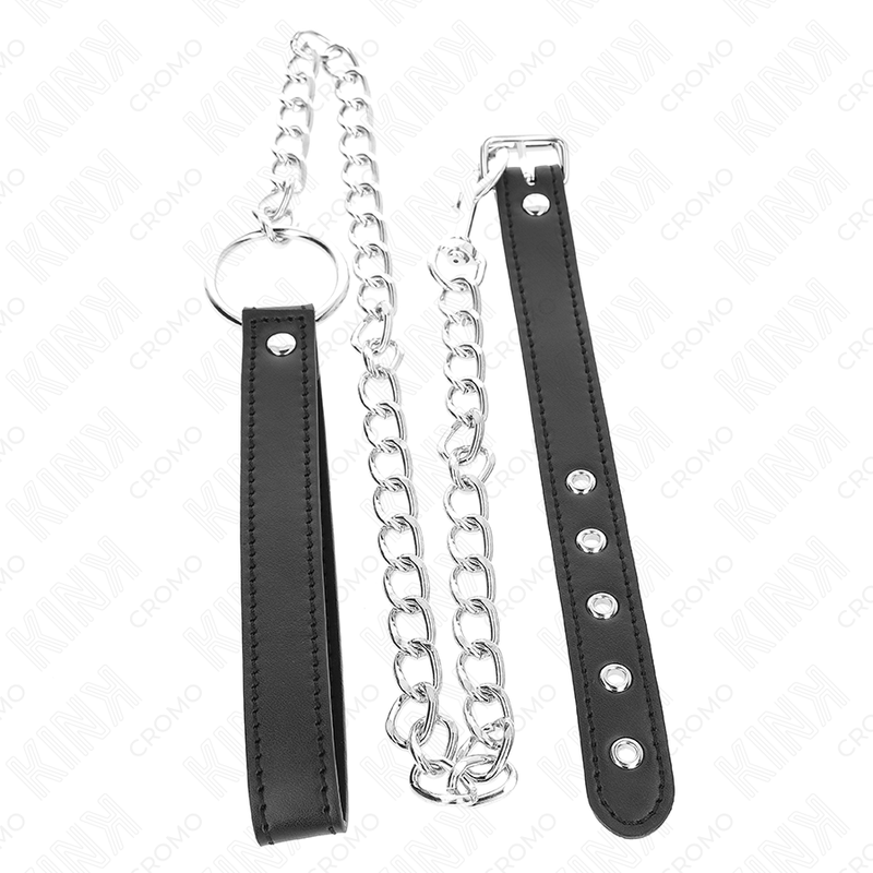 KINK - LEREN PENISRING 21,5 X 2 CM MET 60 CM METALEN KETTING EN LEREN BAND