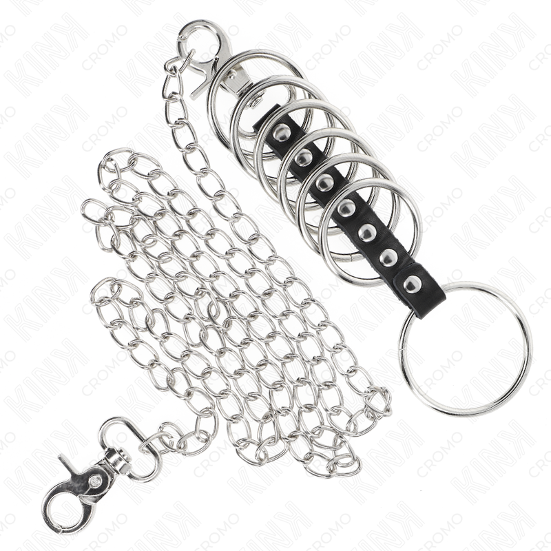 KINK - 7 METALEN PENISRINGEN 3.8 CM TOT 5 CM VERBONDEN MET LEER EN METALEN KETTING 100 CM