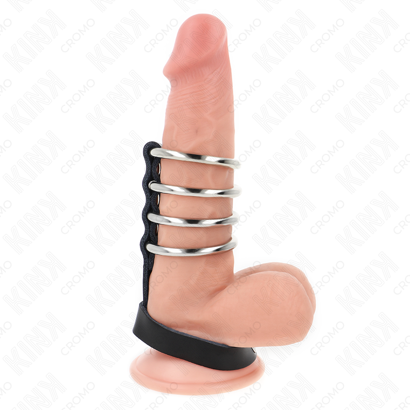 KINK - 4 METALEN PENISRINGEN 3,8 CM VERBONDEN MET LEREN BAND 22 X 1,5 CM EN DRUKSLUITING
