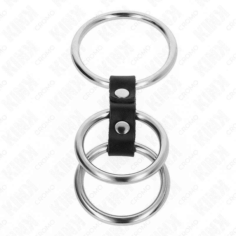KINK - DRIEDUBBELE METALEN PENISRING 3,7 CM TOT 5 CM VERBONDEN MET LEER
