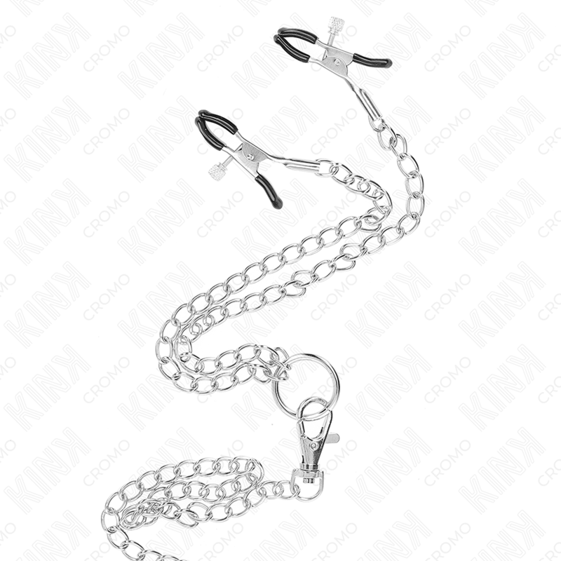 KINK - DRIEDUBBEL VERCHROOMDE METALEN PENISRING 3.8 CM TOT 5 CM MET 26 CM METALEN KETTING EN NIPPELKLEMMEN MODEL 1