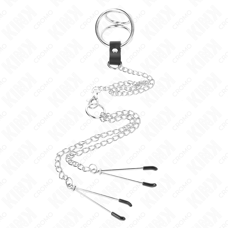 KINK - TRIPLE CHROOM METALEN PENISRING 3.8 CM TOT 5 CM MET 26 CM METALEN KETTING EN NIPPELKLEMMEN MODEL 2