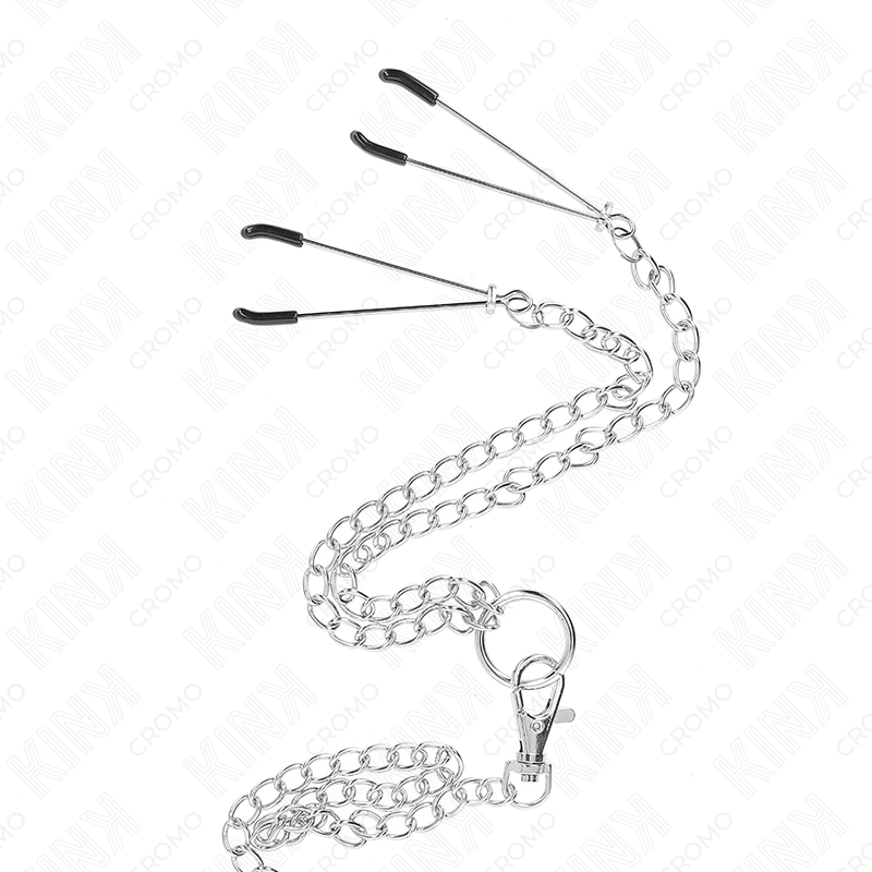 KINK - TRIPLE CHROOM METALEN PENISRING 3.8 CM TOT 5 CM MET 26 CM METALEN KETTING EN NIPPELKLEMMEN MODEL 2