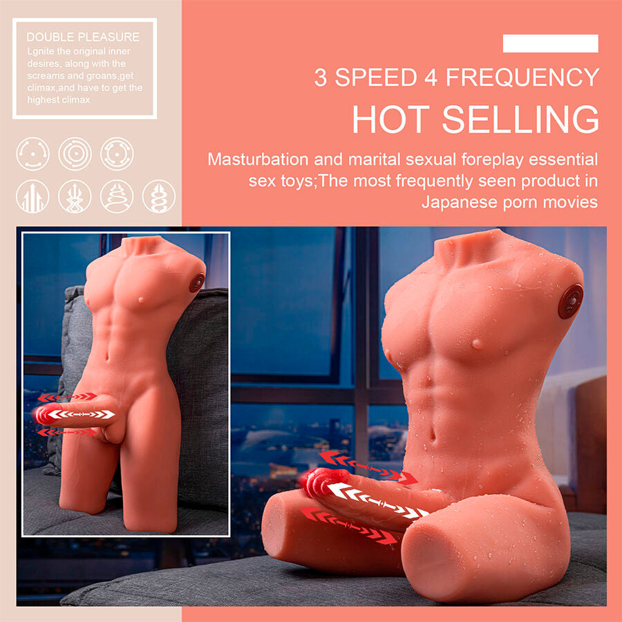 XISE - JASON REALISTISCHE MANNENTORSO HALF LICHAAM MET STOOTFUNCTIE EN TRILLING 55 CM