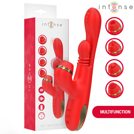 INTENSE - KATY MULTIFUNCTIONELE CLITORISSTIMULATOR 4 VERWISSELBARE OPZETSTUKKEN ROOD