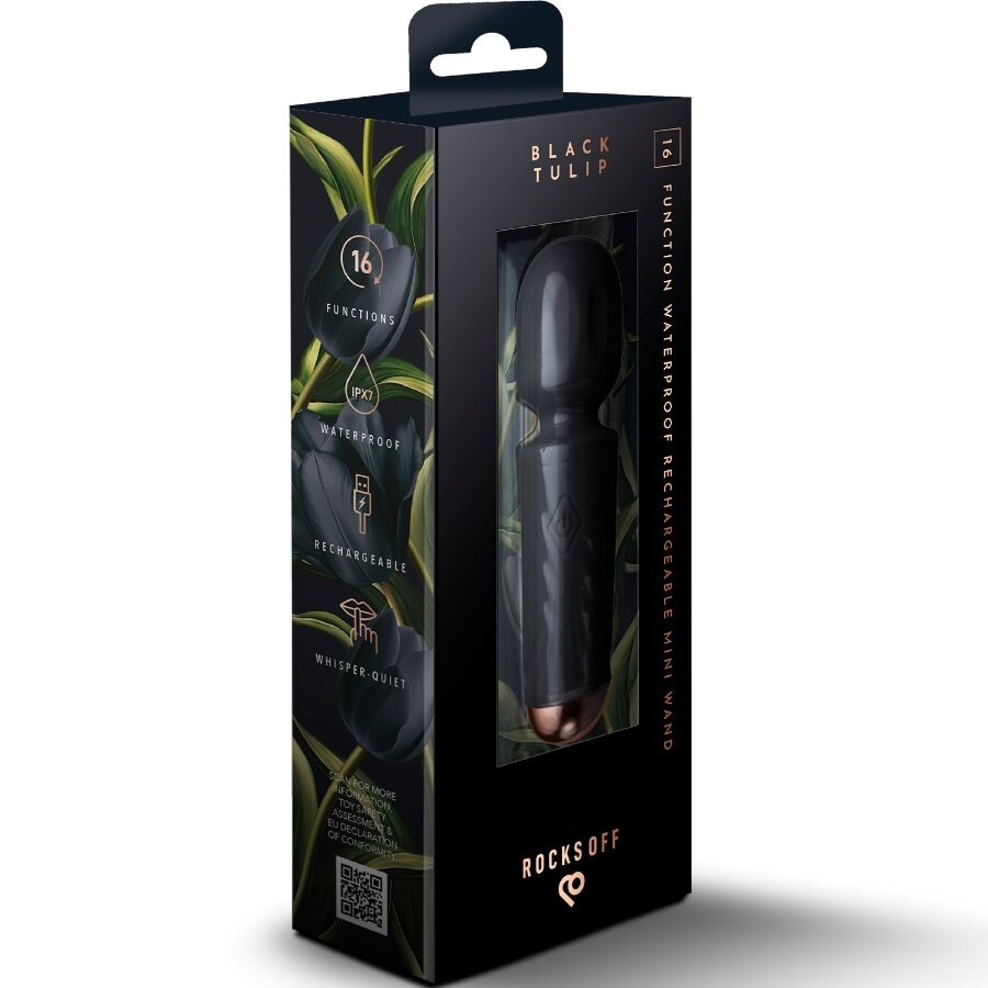 ROCKS-OFF - MINI BAGUETTE OPLAADBAAR 16 FUNCTIES ZWARTE TULP