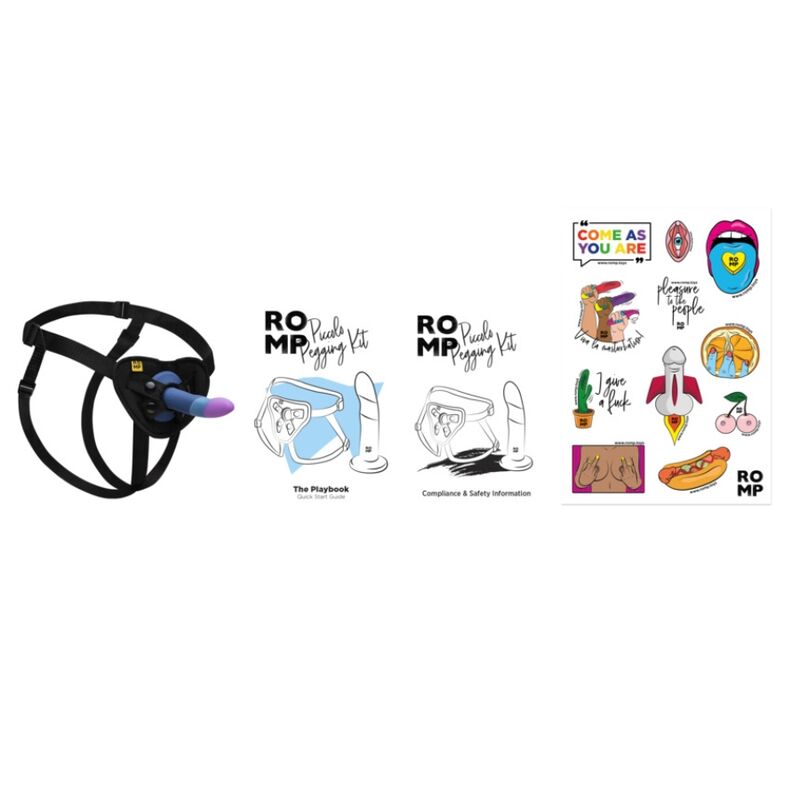 ROMP - PICCOLO HARNAS + SILICONEN DILDO MET DRIEKLEURIGE ZUIGNAP 14 CM