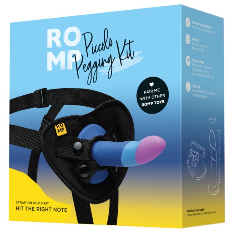 ROMP - PICCOLO HARNAS + SILICONEN DILDO MET DRIEKLEURIGE ZUIGNAP 14 CM