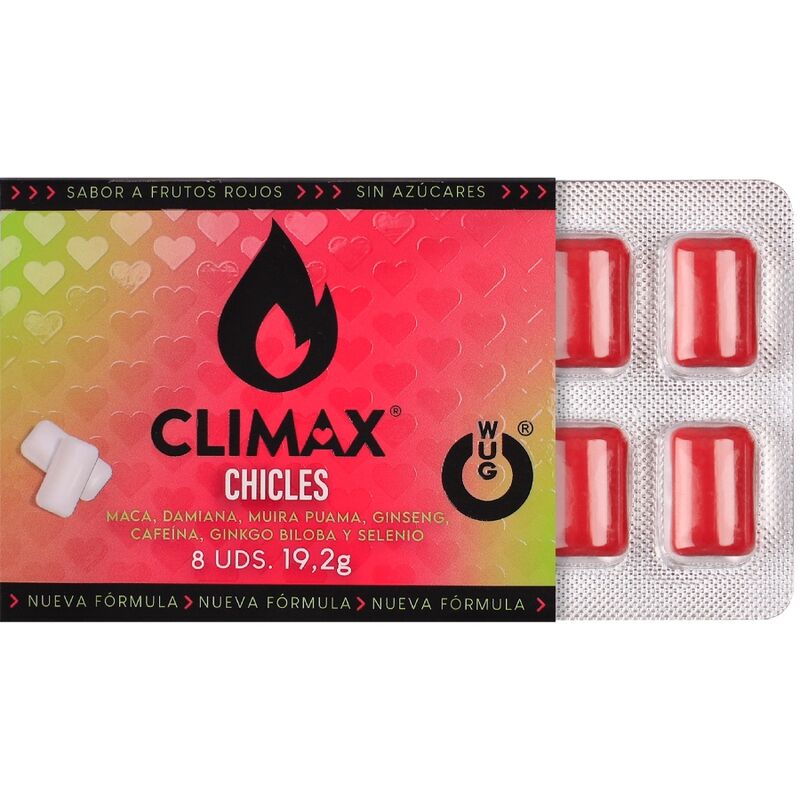 WUG Climax - Functionele kauwgom met Maca, Damiana en Ginseng om het verlangen en de intieme vitaliteit te verbeteren. BLISTER 8 STUKS