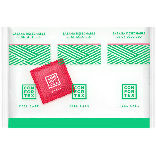 CONFORTEX - WEGWERP HYGIËNISCHE LAKENS, INDIVIDUEEL ZAKJE + AARDBEI CONDOOM