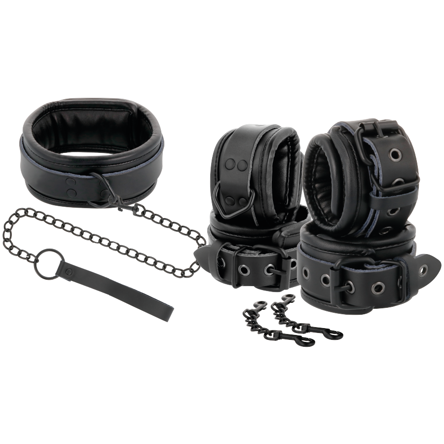 DUISTERNIS - ZWARTE LEREN HANDBOEIEN EN HALSBAND