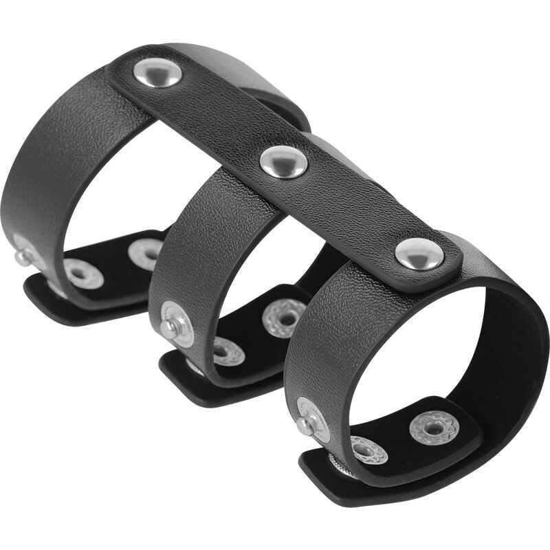 DARKNESS - VERSTELBARE LEREN DUBBELE PENIS- EN TEELBALRING