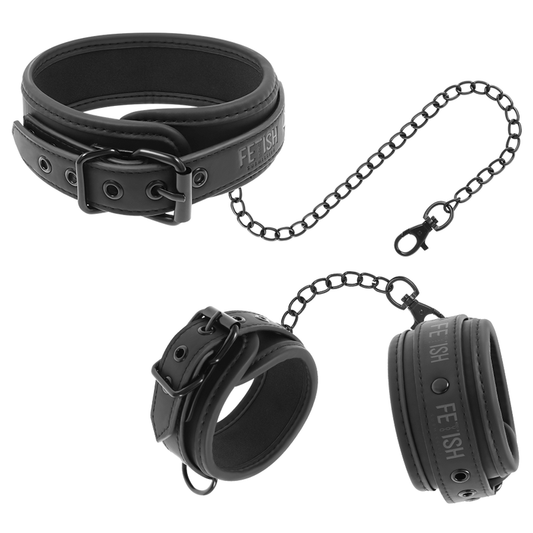 FETISJ-ONDERDANIG - VEGAN LEREN KETTING EN HANDBOEIEN MET NEOPREEN VOERING